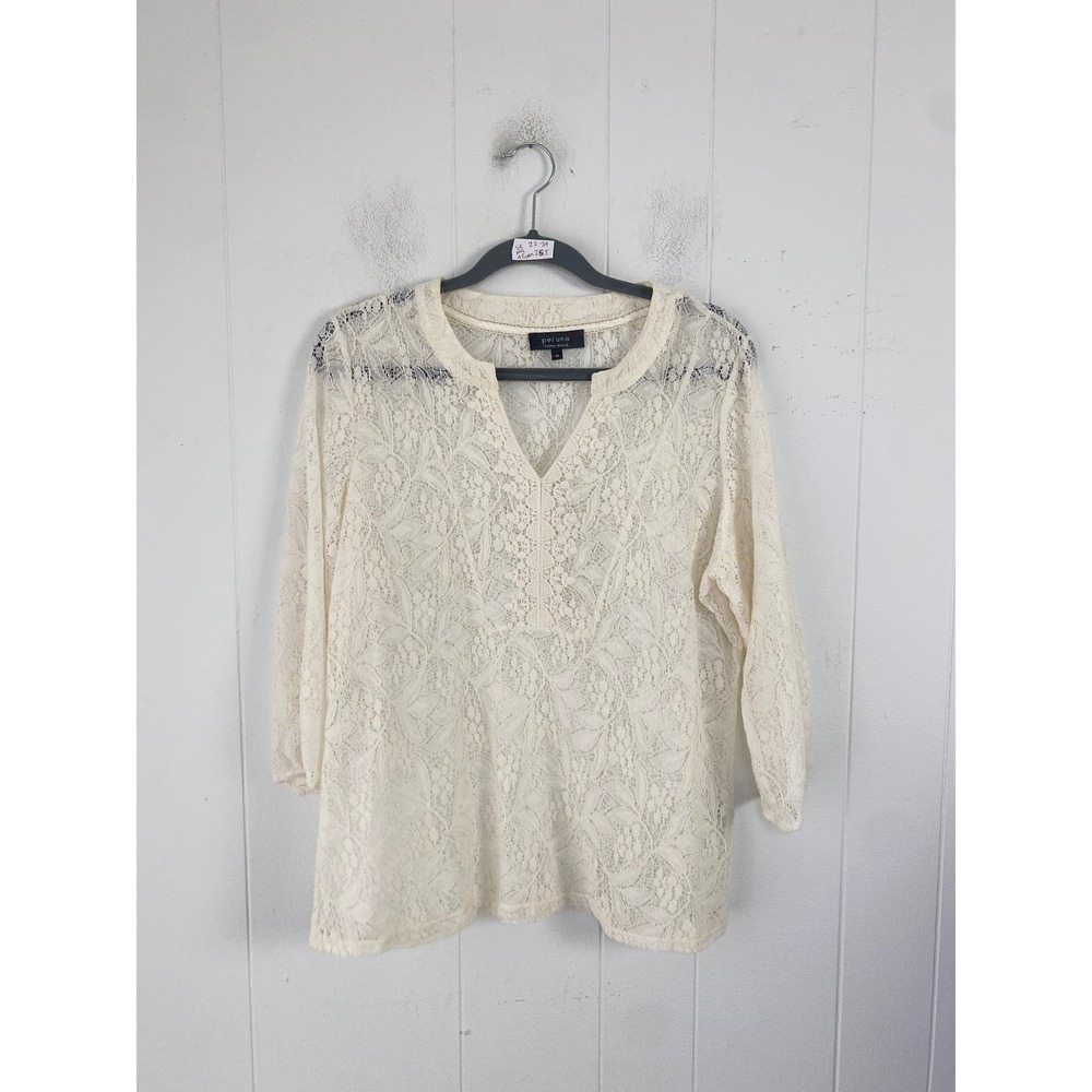 Per Una Cream Floral Lace Split V-Neck 3/4 Sleeve Blouse Top Size 16